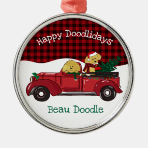 Cartoon Goldendoodles roter Weihnachtswagen Ornament Aus Metall