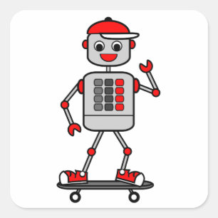 Cartoon-grauer Roboter, der rote Kappe auf Quadratischer Aufkleber