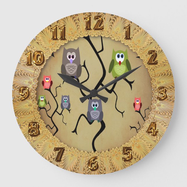 Cartoon Great Horned Owls Große Wanduhr (Vorderseite)