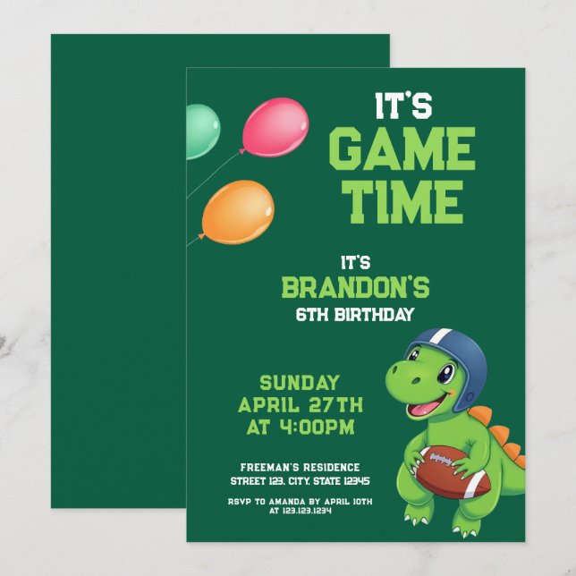 Cartoon Green Dinosaur Football Kindergeburtstag Einladung (Vorne/Hinten)
