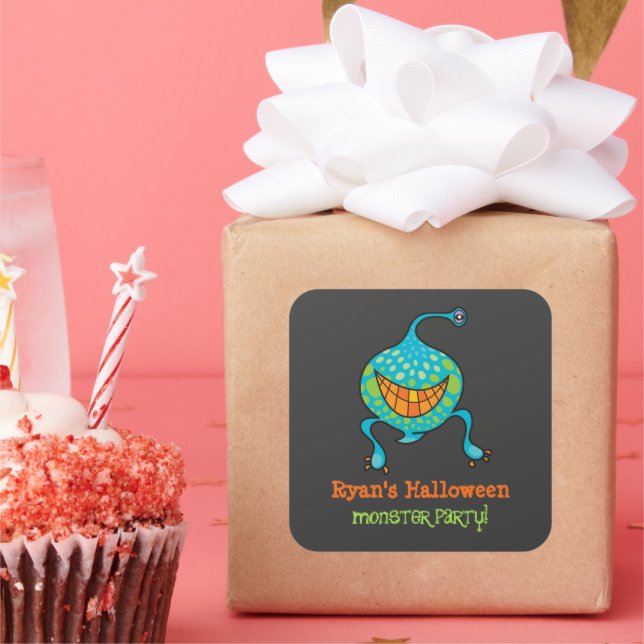 Cartoon Green Monster Alien Kid's Halloween-Party Quadratischer Aufkleber (Party)