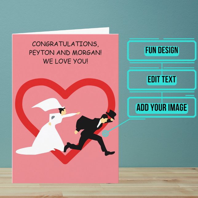 Cartoon Groom Escapes Hochzeitstag Glückwunsch Karte (Send your love and congratulations with a modern and unique twist.)