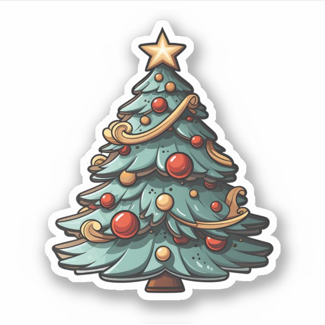 Cartoon Grüner Weihnachtsbaum mit Roter Baule Aufkleber (Vorderseite)