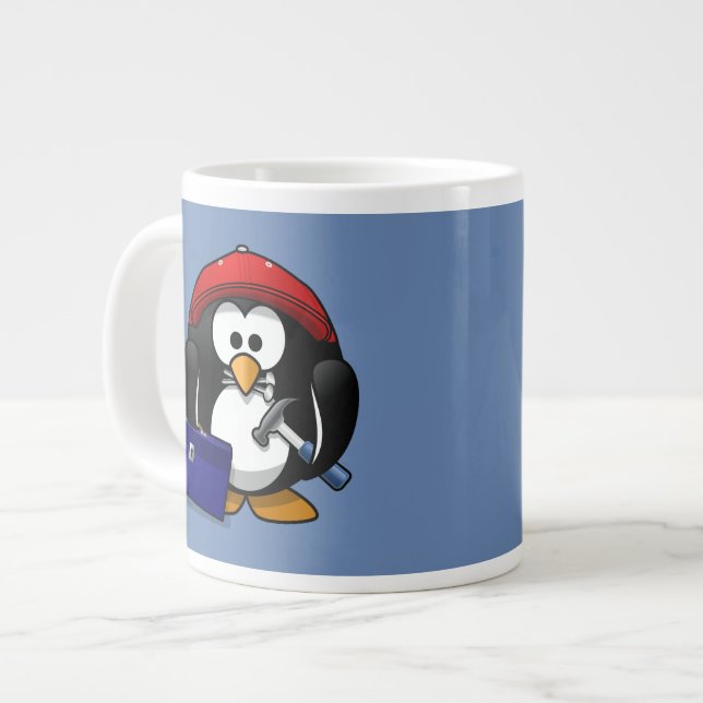 Cartoon Handwerker Pinguin mit blauem Hintergrund Jumbo-Tasse (Vorderseite Links)