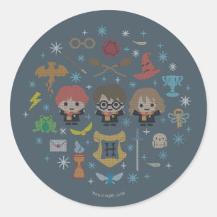 Cartoon Harry Potter Cross-Stitch Collage Runder Aufkleber