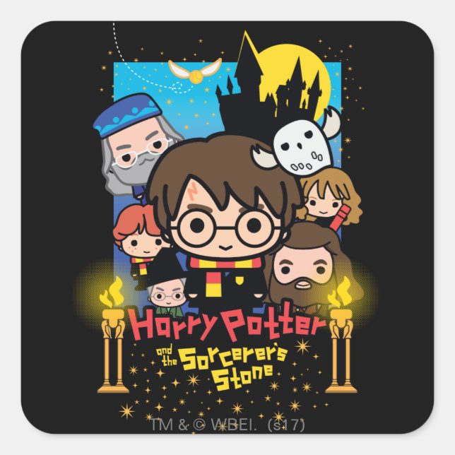 Cartoon Harry Potter und der Stein des Zauberers Quadratischer Aufkleber (Vorderseite)