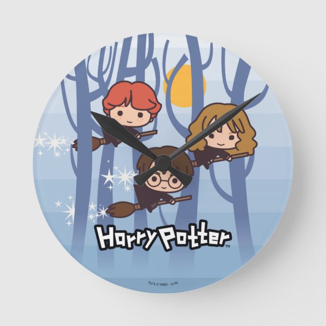 Cartoon Harry, Ron & Hermione, der in Holz fliegt Runde Wanduhr (Vorderseite)