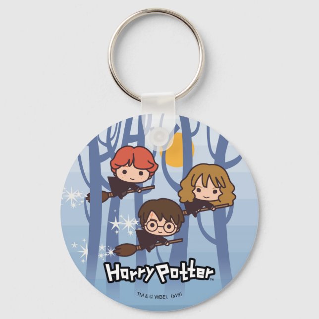 Cartoon Harry, Ron & Hermione, der in Holz fliegt Schlüsselanhänger (Vorderseite)