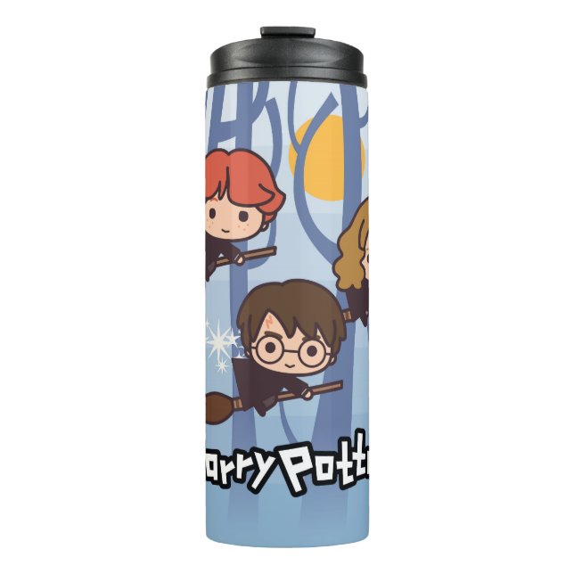 Cartoon Harry, Ron & Hermione, der in Holz fliegt Thermosbecher (Vorderseite)
