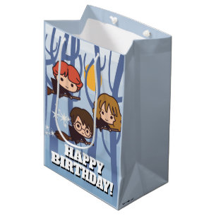 Cartoon Harry, Ron, & Hermione Flying In Woods Mittlere Geschenktüte