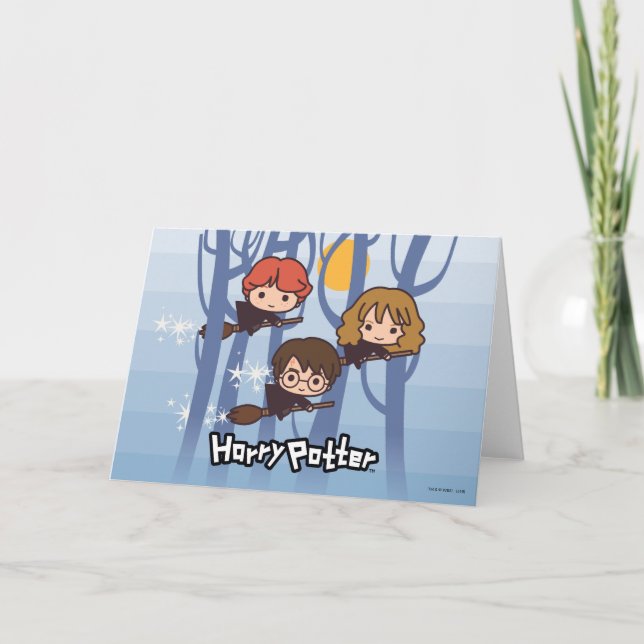 Cartoon Harry, Ron u. Hermione Fliegen im Holz Karte (Vorderseite)