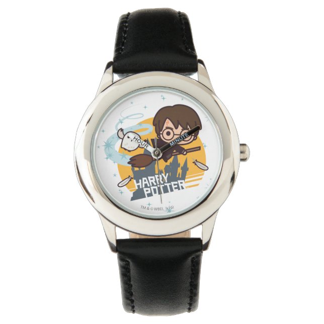Cartoon Harry und Hedwig Flying Past Hogwarts Armbanduhr (Vorderseite)