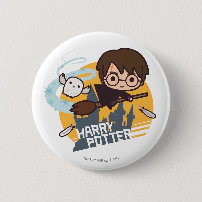 Cartoon Harry und Hedwig Flying Past Hogwarts Button (Vorderseite)