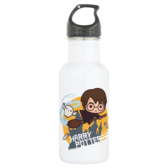 Cartoon Harry und Hedwig Flying Past Hogwarts Edelstahlflasche (Vorderseite)