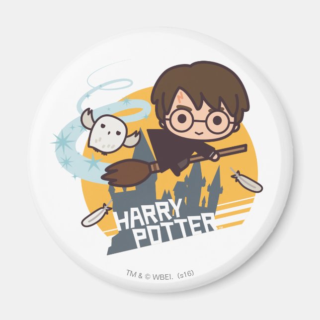 Cartoon Harry und Hedwig Flying Past Hogwarts Magnet (Vorne)