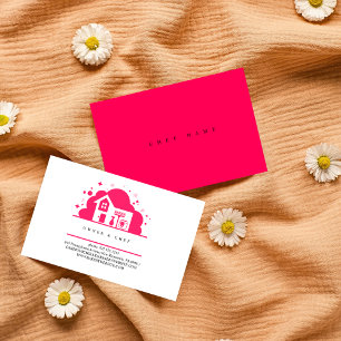 Cartoon Haus Haushaltshilfe Reinigungsservice pink Visitenkarte