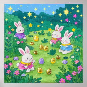 Cartoon-Häuschen, die Eier in einem Garten verstec Poster