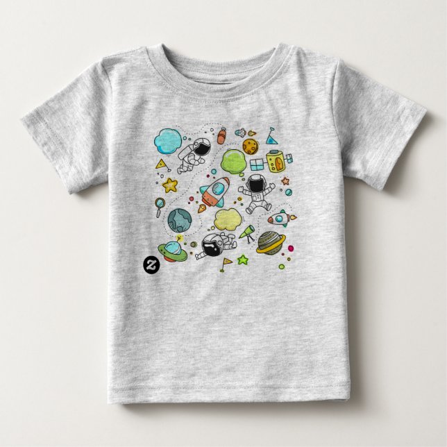Cartoon, Heather Gray, [Cloud, Rakete, Astronaut] Baby T-shirt (Vorderseite)