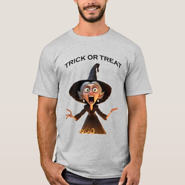 Cartoon Hexe "Trick or Treat" T-Shirt (Vorderseite)