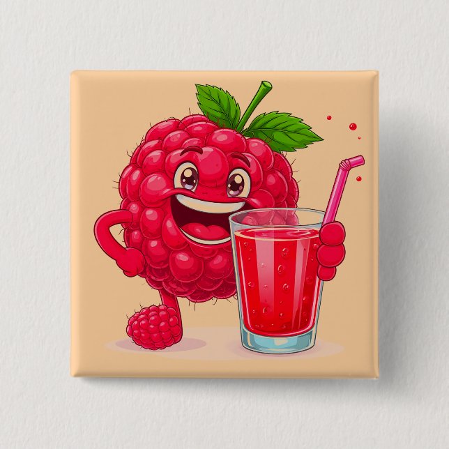 Cartoon Himbeerscharakter mit Smoothie Button (Vorderseite)