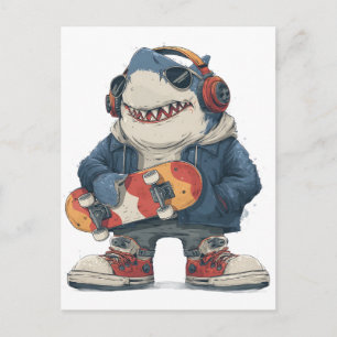 Cartoon-Hip-Hop-Hai Charakter mit Skateboard Feiertagspostkarte