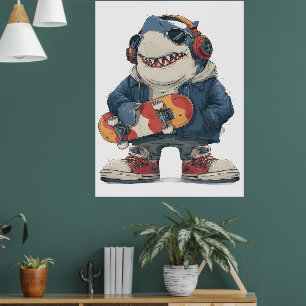 Cartoon-Hip-Hop-Hai Charakter mit Skateboard Poster