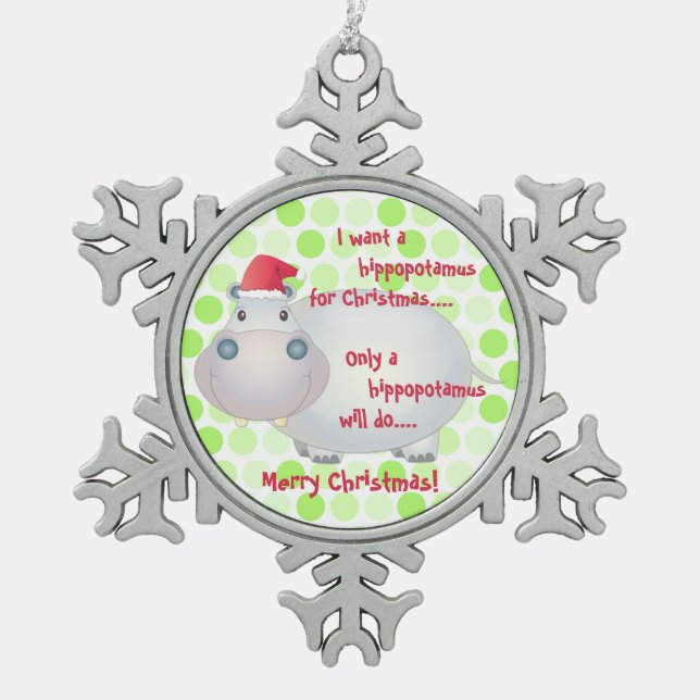 Cartoon Hippopotamus Christmas (Weihnachten) Schneeflocken Zinn-Ornament (Vorderseite)