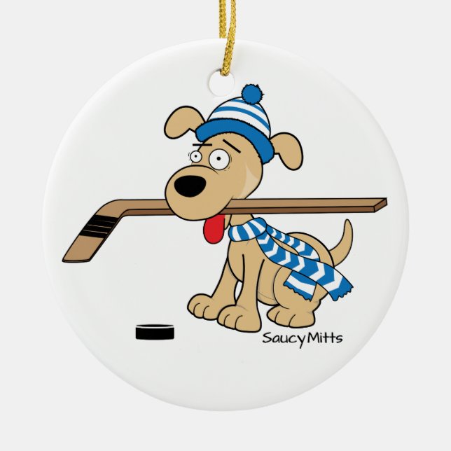 Cartoon-Hockey-Hundeweihnachtsverzierung Keramikornament (Vorne)