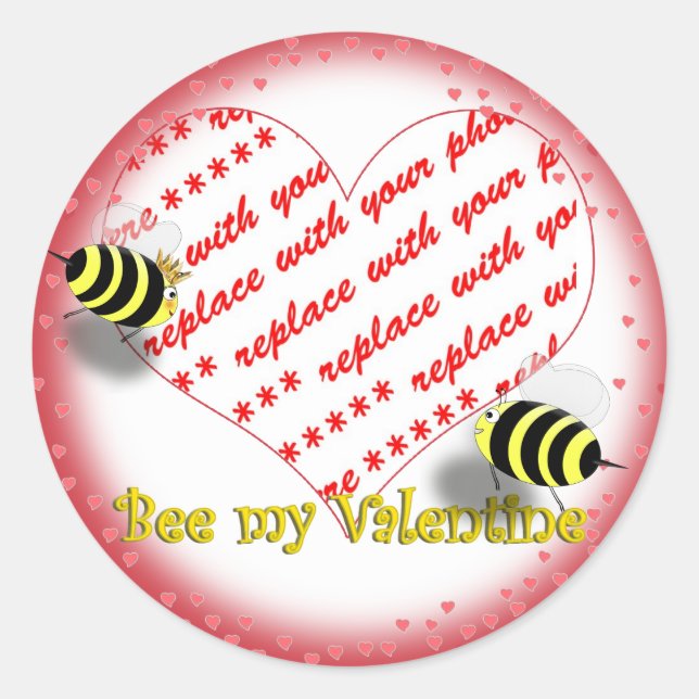 Cartoon Honey Bees "Bee My Valentine" Foto Frame Runder Aufkleber (Vorderseite)