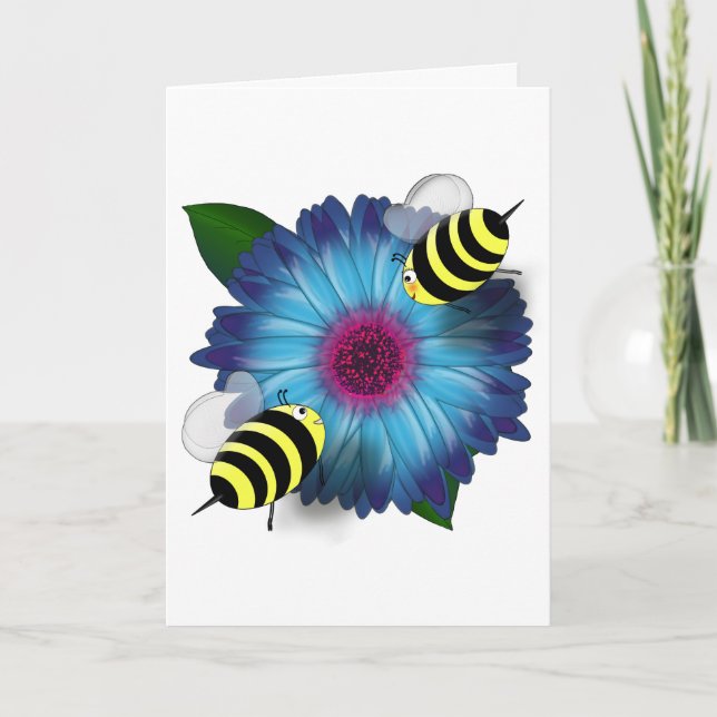 Cartoon Honey Bees Meeting auf Blue Blume Karte (Vorderseite)