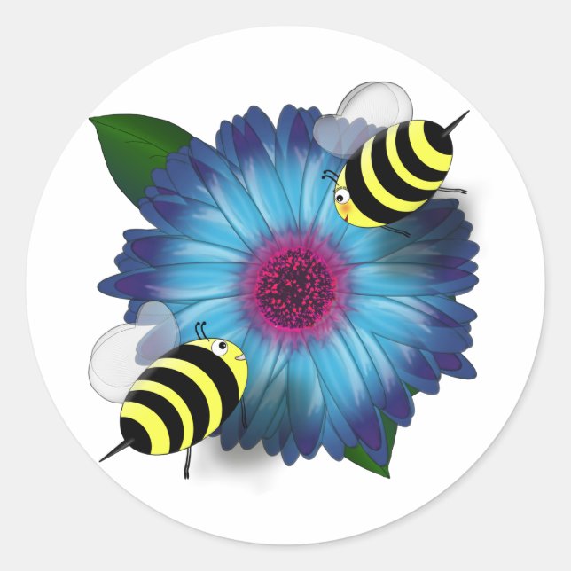 Cartoon Honey Bees Meeting auf Blue Blume Runder Aufkleber (Vorderseite)