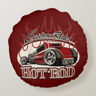 Cartoon-Hot Rod Rundes Kissen