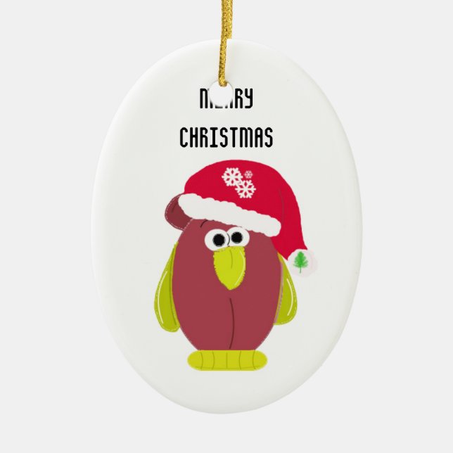 Cartoon Hühnchen in einer Weihnachtsmannmütze Keramikornament (Vorne)