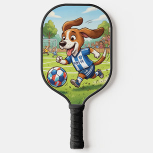 Cartoon-Hund spielt Fußball Pickleball Schläger