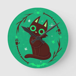 Cartoon-Illustration einer schwarzen Halloween-Kat Runde Wanduhr