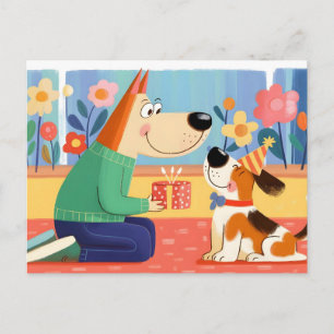 Cartoon-Illustration eines Hundes, der einem Welpe Postkarte