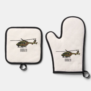 Cartoon-Illustration für Armeehubschrauber Ofenhandschuh & Topflappen-Set