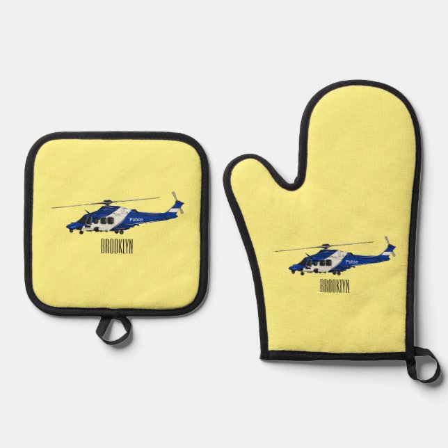 Cartoon-Illustration für Polizeihubschrauber Ofenhandschuh & Topflappen-Set (Vorderseite)