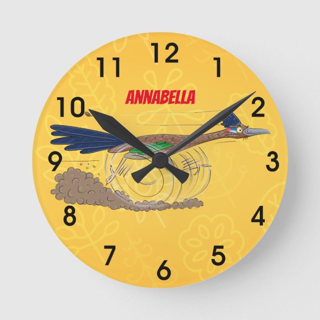Cartoon-Illustration von Funny Roadrunner Runde Wanduhr (Vorderseite)