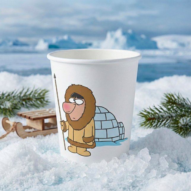 Cartoon Inuit Eskimo with Spear and Igloo Pappbecher (Von Creator hochgeladen)