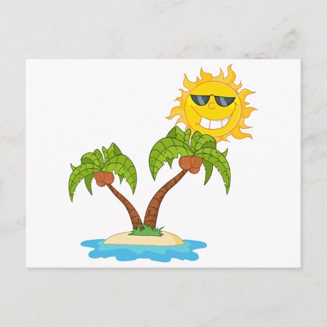 -Cartoon Island With Two Palm Tree And Cartoon Sun Postkarte (Vorderseite)