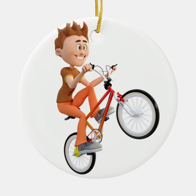 Cartoon-Junge auf dem Fahrrad, das einen Wheelie Keramikornament (Vorne)