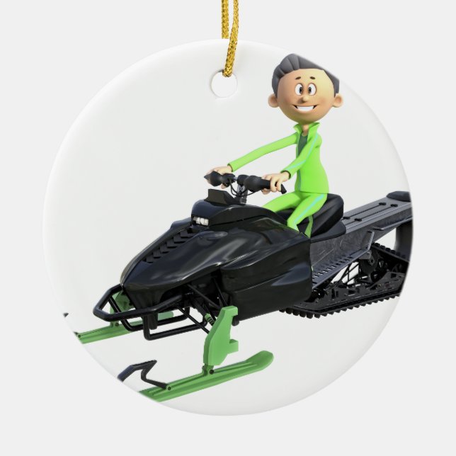 Cartoon-Junge auf einem Snowmobile Keramikornament (Vorne)