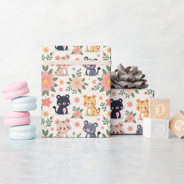 Cartoon Jungle Cats and Flowers Geschenkpapier (Babyparty)