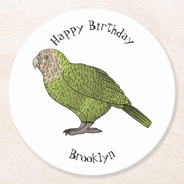 Cartoon Kakapo Runder Pappuntersetzer (Vorderseite)