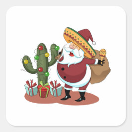 Cartoon Kakteen und Weihnachtsmann mit einem Sombr Quadratischer Aufkleber