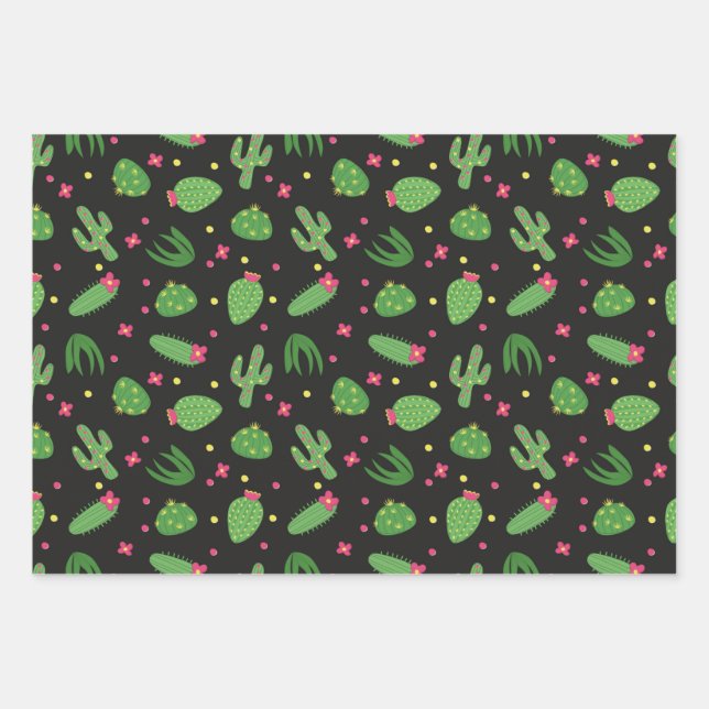 Cartoon Kaktus mit Blume auf schwarzem Hintergrund Geschenkpapier Set (Vorderseite)