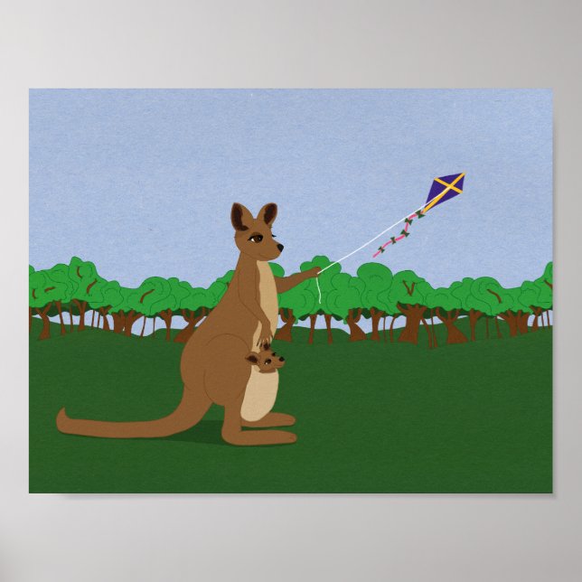 Cartoon Kangaroos Fliegen eines Drachens Poster (Vorne)