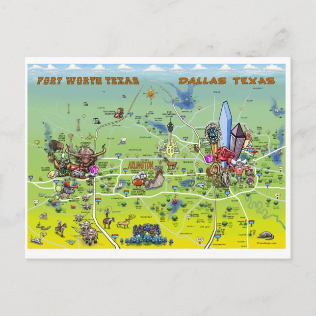 Cartoon-Karte Dallas Fort Worth Postkarte (Vorderseite)