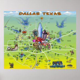 Cartoon-Karte Dallas Texas Poster